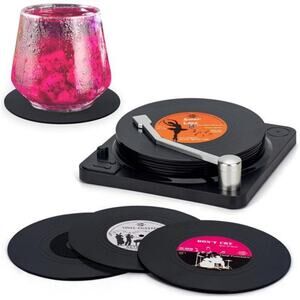 Funny Retro Vinyl Record Coasters with Player, 6 Pcs Music Coasters